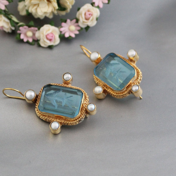 Blue Glass Intaglio Earrings, Vintage Style, 18K Gold Vermeil with Pearls