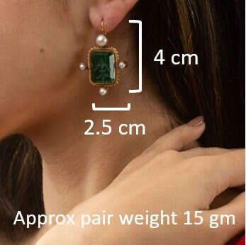 Blue Glass Intaglio Earrings, Vintage Style, 18K Gold Vermeil with Pearls, photo 3