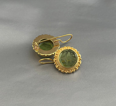 Green Round Intaglio Earrings, Greek Roman Style, Gold Plated, photo 8