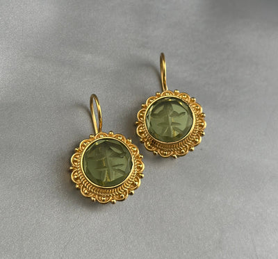 Green Round Intaglio Earrings, Greek Roman Style, Gold Plated, photo 5
