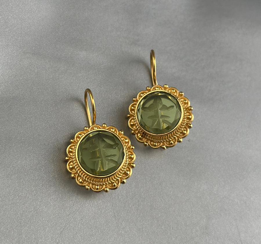 Green Round Intaglio Earrings, Greek Roman Style, Gold Plated, photo 5