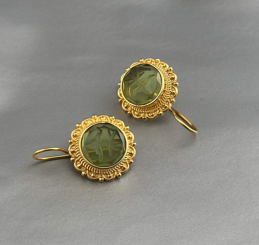 Green Round Intaglio Earrings, Greek Roman Style, Gold Plated, photo 6