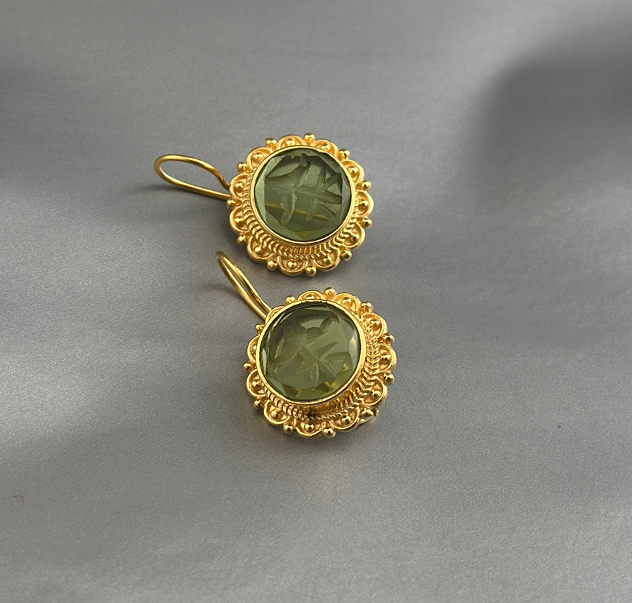 Green Round Intaglio Earrings, Greek Roman Style, Gold Plated, photo 9