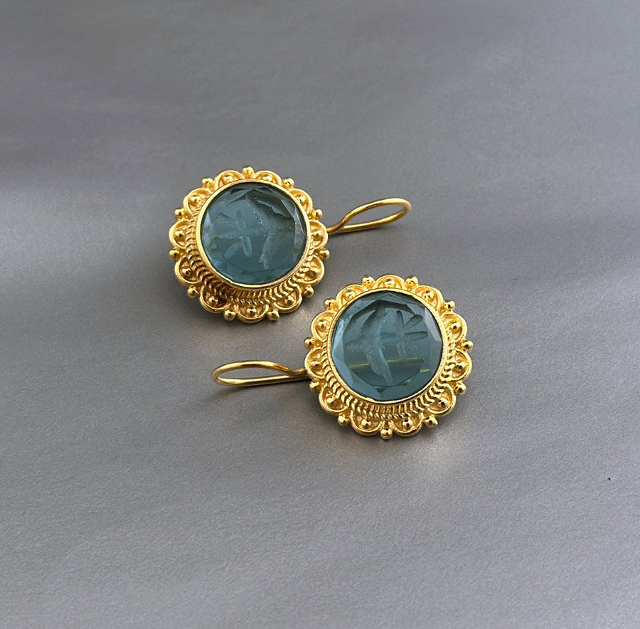 Small Blue Intaglio Earrings, Greek Roman Style, Dainty Gold, photo 6