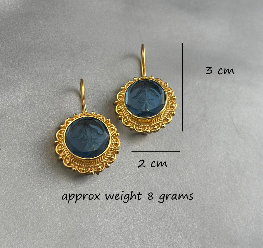 Small Blue Intaglio Earrings, Greek Roman Style, Dainty Gold, photo 3