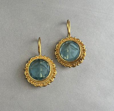 Small Blue Intaglio Earrings, Greek Roman Style, Dainty Gold, photo 5