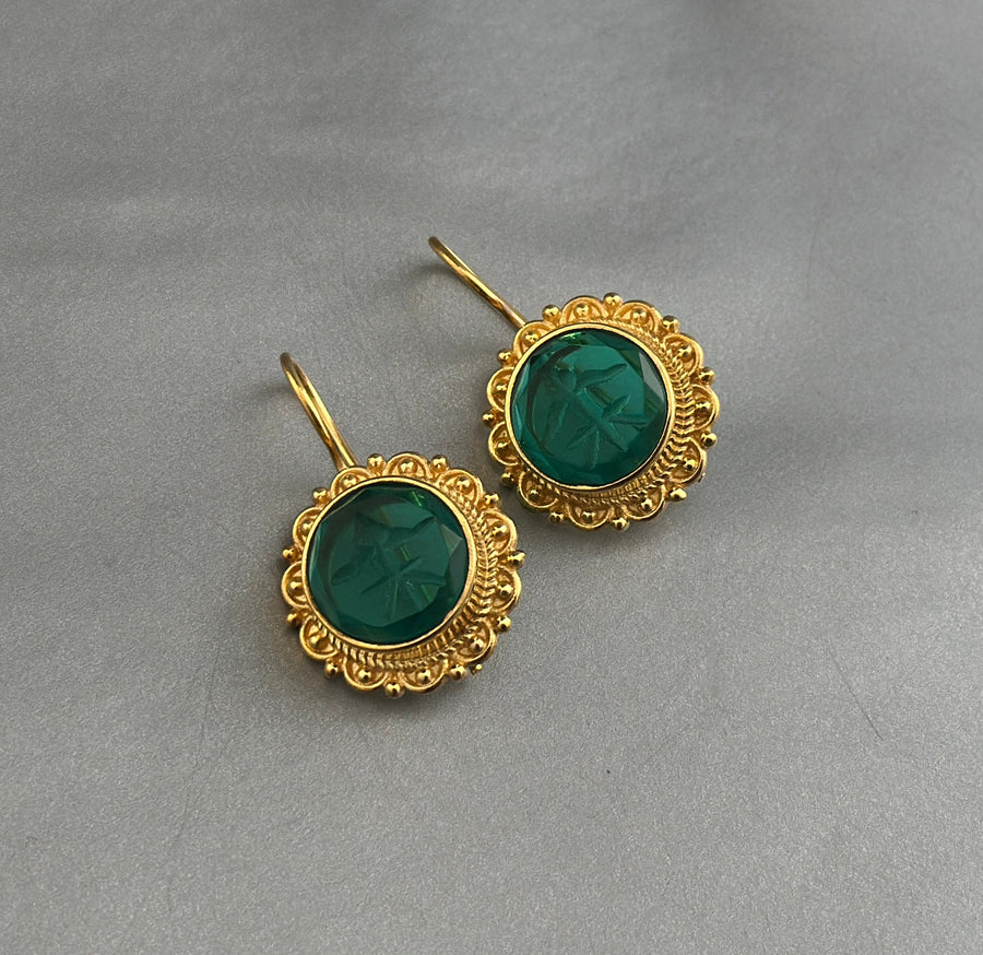 Green Glass Intaglio Earrings, Vintage Victorian Style, photo 5