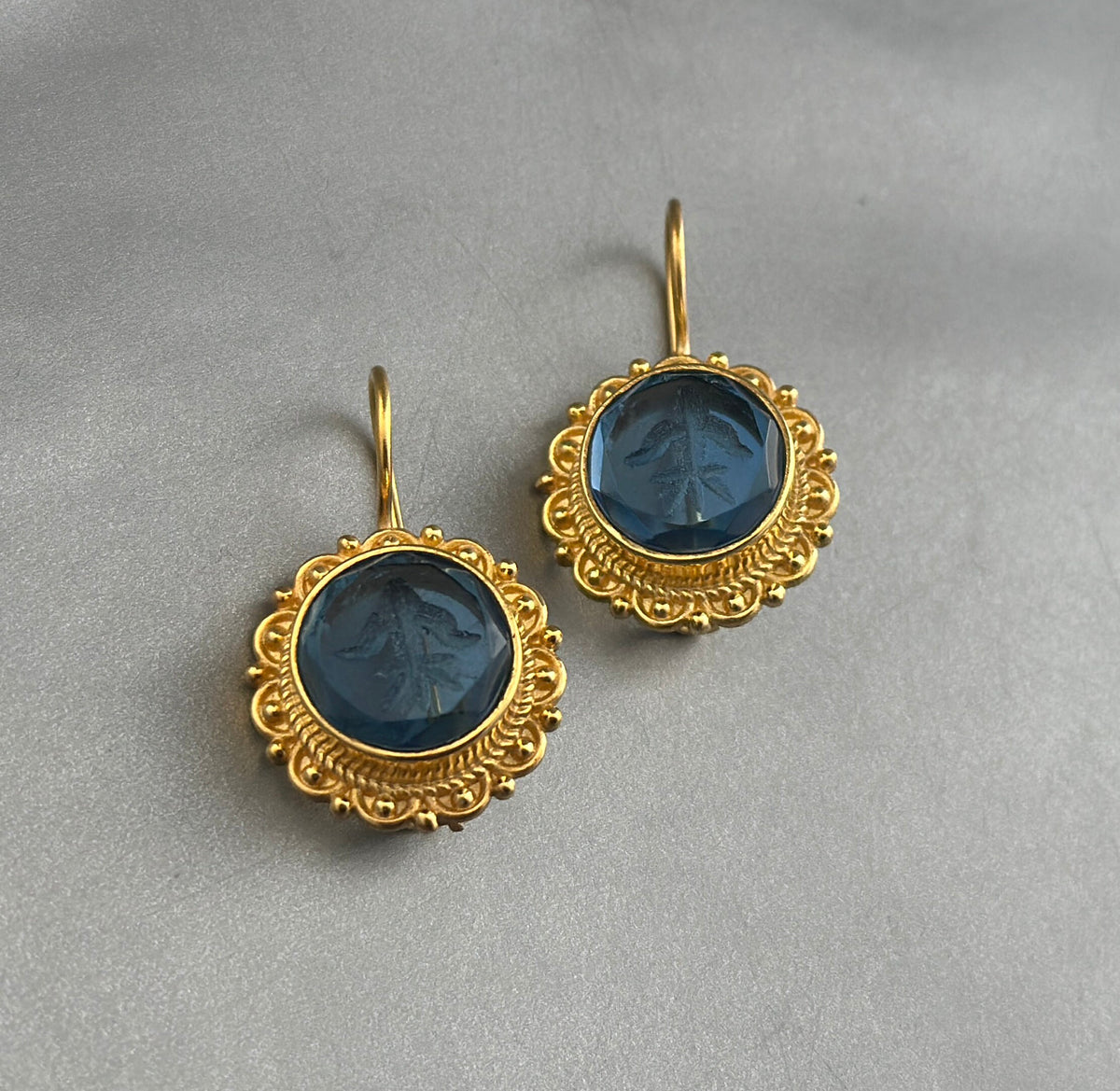 Small Blue Intaglio Earrings, Venetian Glass, Dainty Gold, photo 5