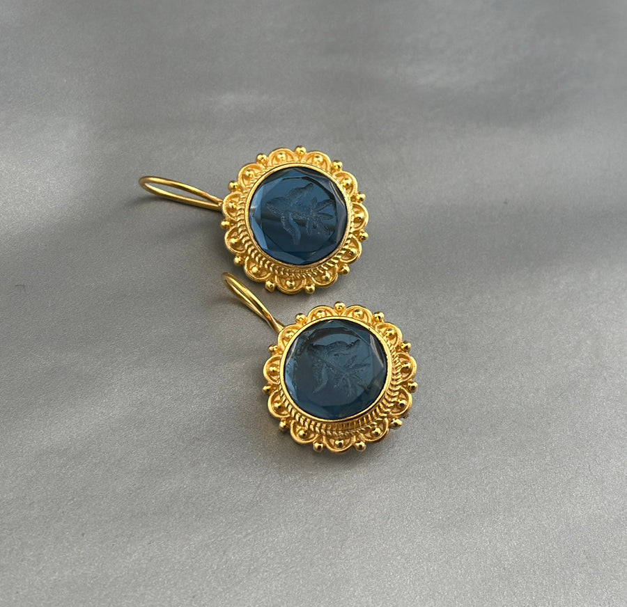 Small Blue Intaglio Earrings, Venetian Glass, Dainty Gold, photo 6