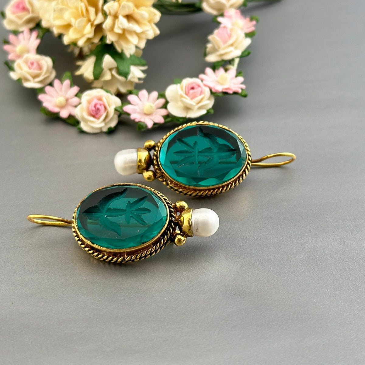 Green Glass Intaglio Earrings, Edwardian Gold and Pearl