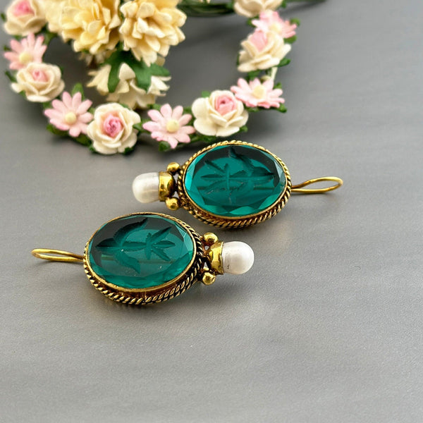 Green Glass Intaglio Earrings, Edwardian Gold and Pearl