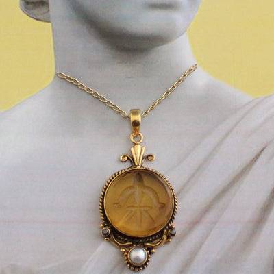 Yellow Intaglio Pendant Necklace, Edwardian Style, Brass, photo 10
