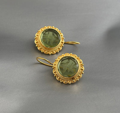 Green Round Intaglio Earrings, Greek Roman Style, Gold Plated, photo 2