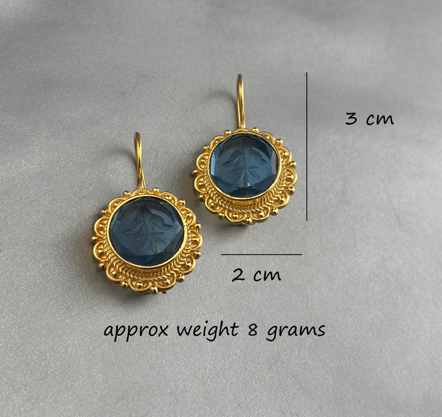Green Round Intaglio Earrings, Greek Roman Style, Gold Plated, photo 3