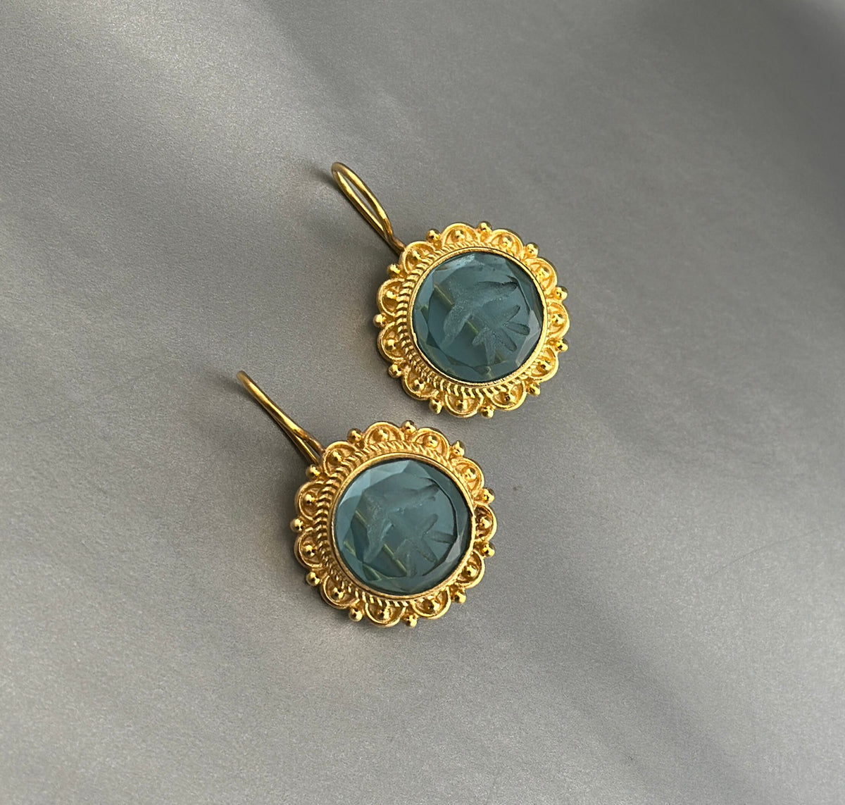 Small Blue Intaglio Earrings, Greek Roman Style, Dainty Gold, photo 4