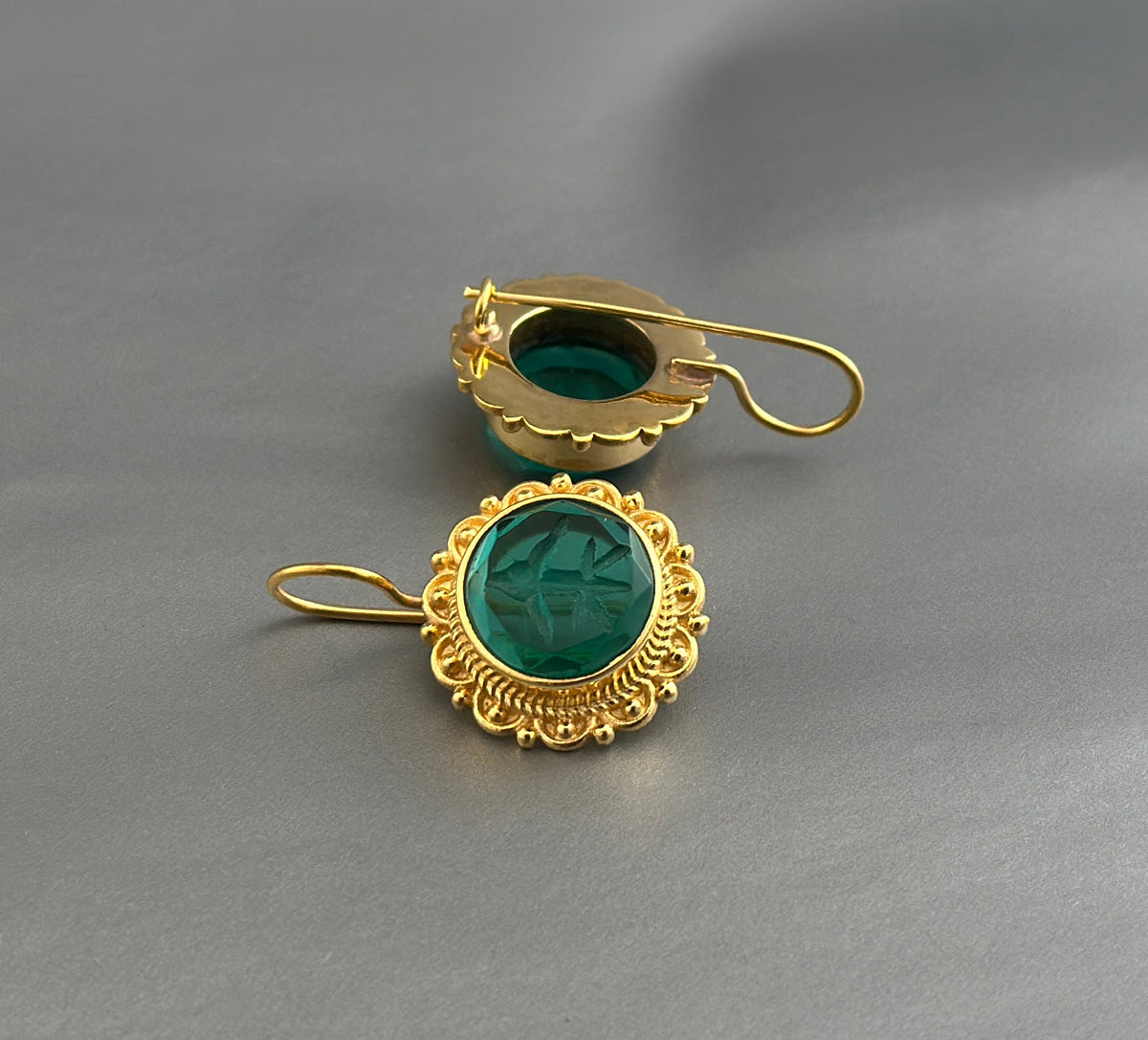 Green Glass Intaglio Earrings, Vintage Victorian Style, photo 7