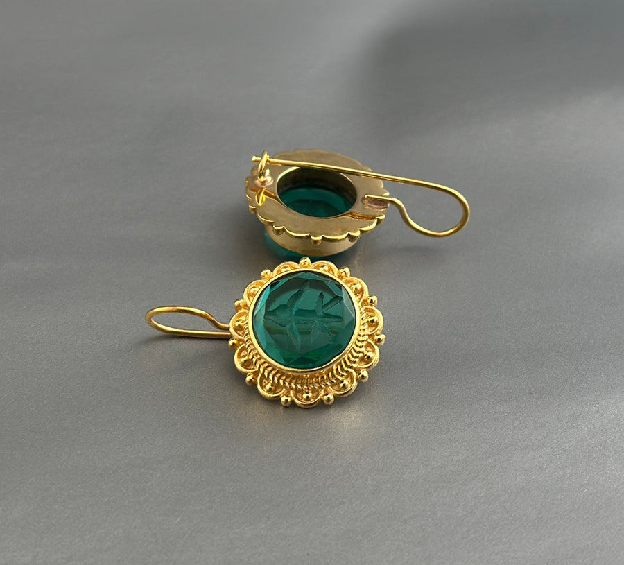Green Glass Intaglio Earrings, Vintage Victorian Style, photo 7