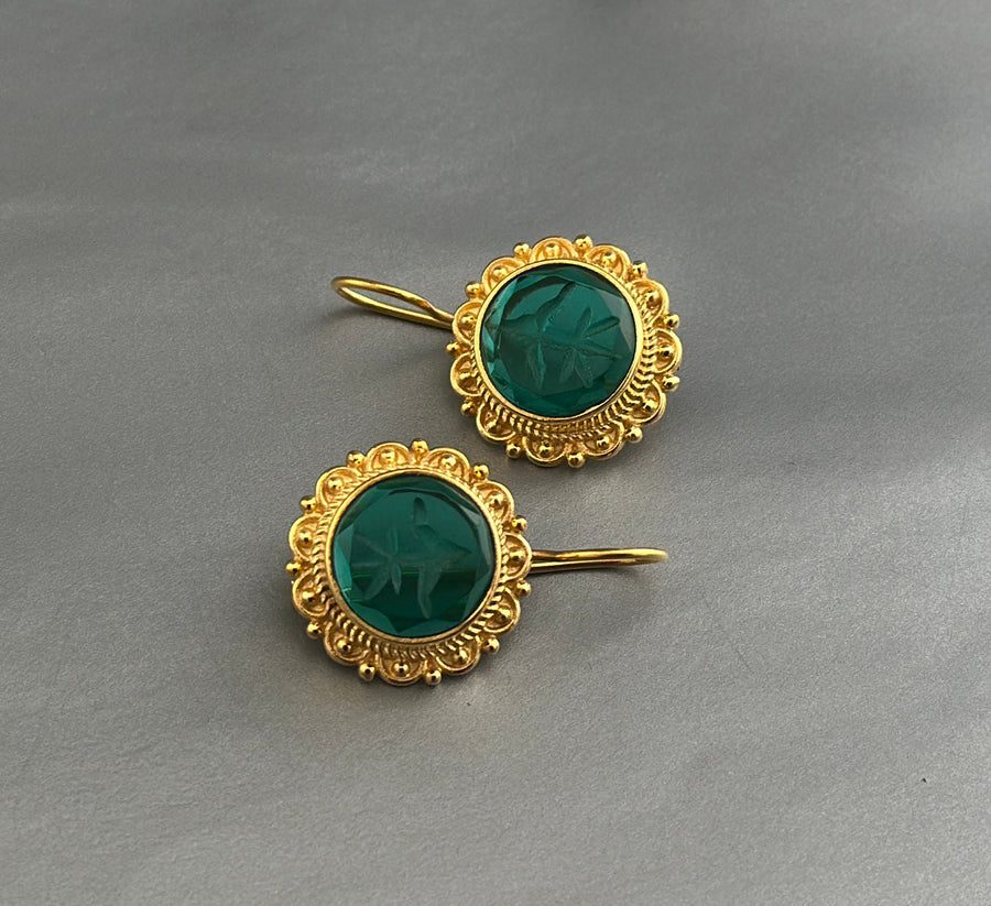 Green Glass Intaglio Earrings, Vintage Victorian Style, photo 2