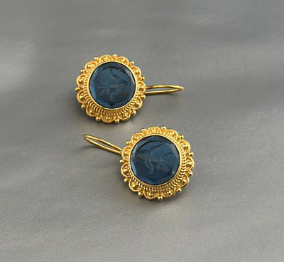 Small Blue Intaglio Earrings, Venetian Glass, Dainty Gold, photo 2