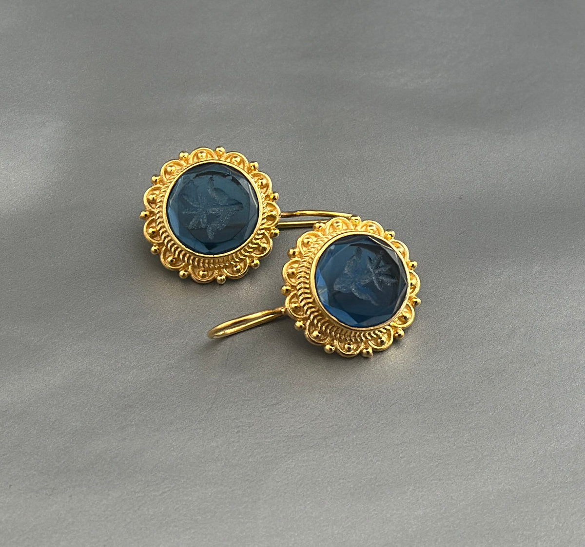 Small Blue Intaglio Earrings, Venetian Glass, Dainty Gold, photo 4