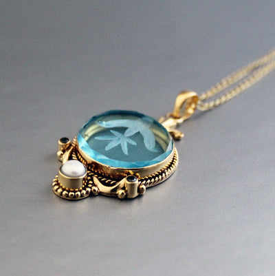 Blue Intaglio Pendant Necklace, Antique Gold Brass with Pearl, photo 9