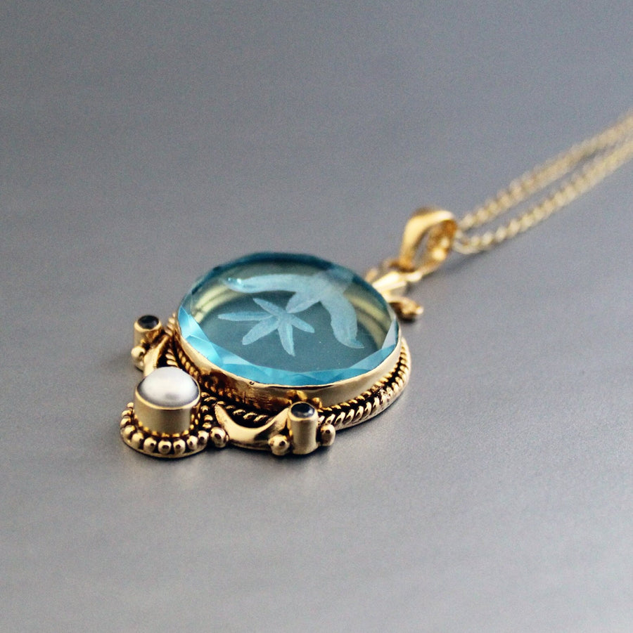 Blue Intaglio Pendant Necklace, Antique Gold Brass with Pearl, photo 9