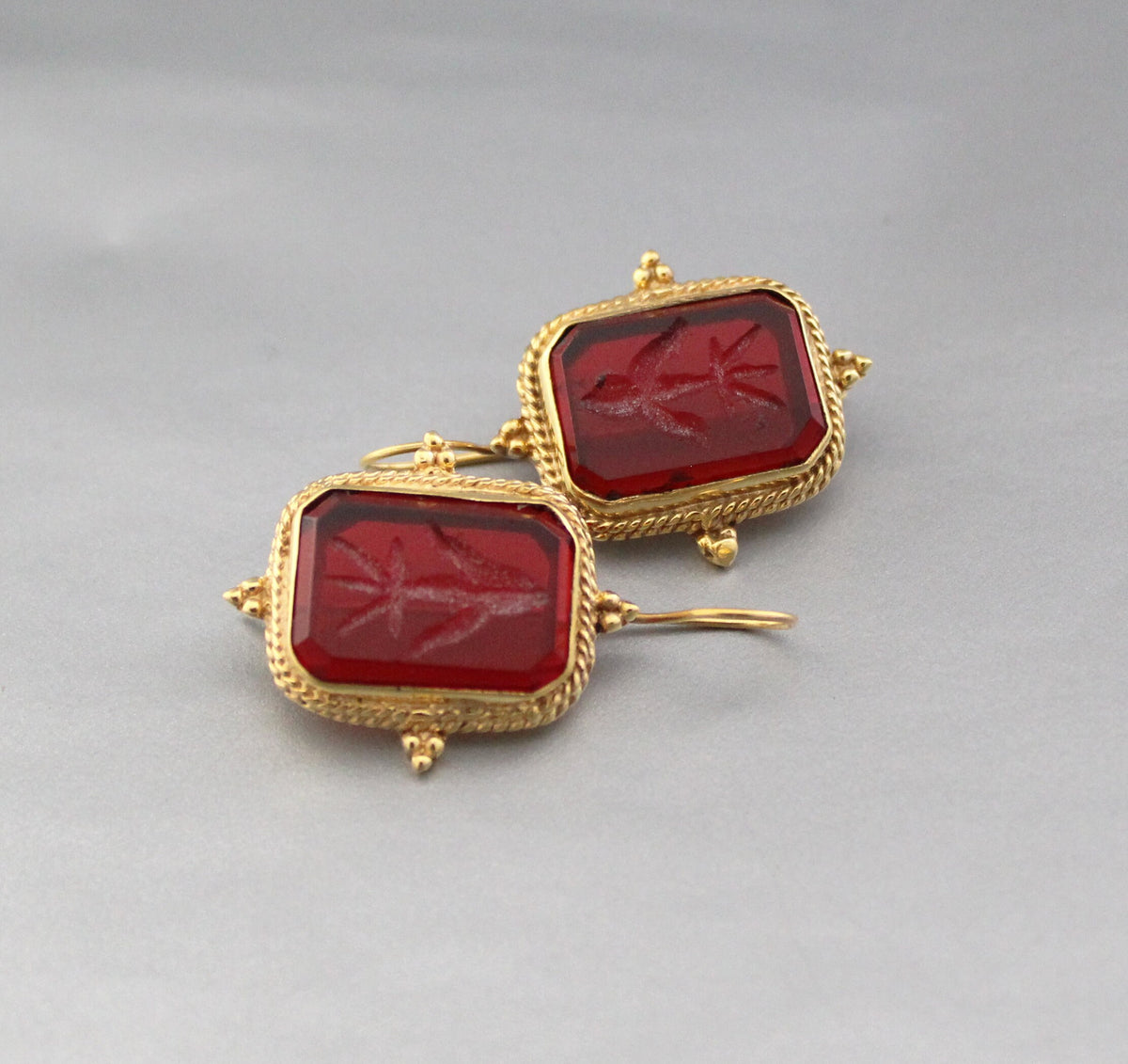 Red Glass Intaglio Earrings, Ancient Greek Style, Victorian Gold, photo 6