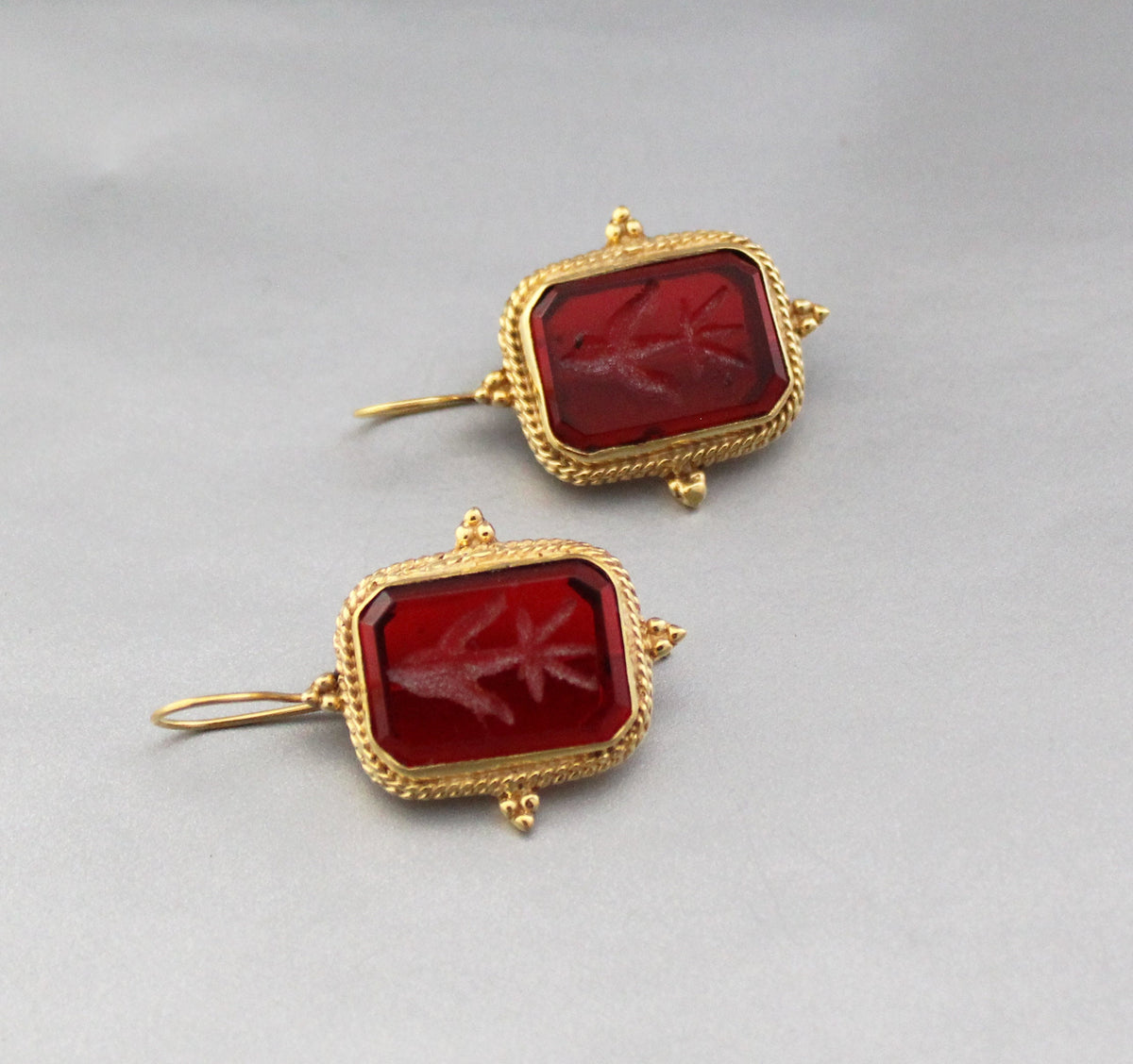 Red Glass Intaglio Earrings, Ancient Greek Style, Victorian Gold, photo 7