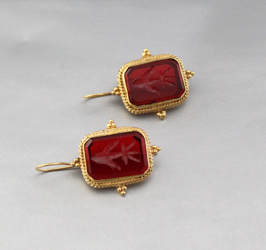 Red Glass Intaglio Earrings, Ancient Greek Style, Victorian Gold, photo 7