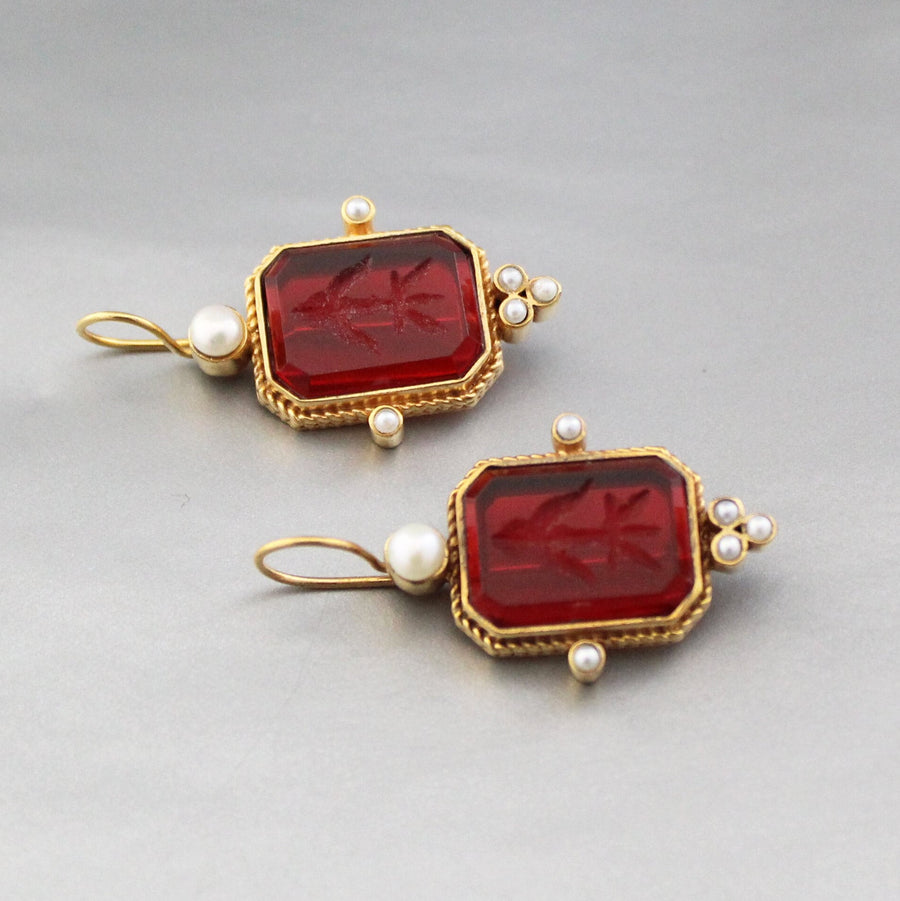 Red Glass Intaglio Earrings, Vintage Art Deco Style, Brass, photo 5