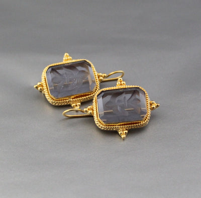 Blue Glass Intaglio Earrings, Victorian Bridal Gold