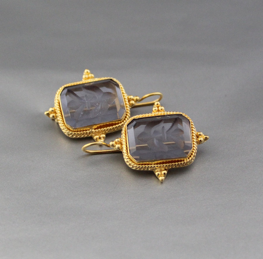Blue Glass Intaglio Earrings, Victorian Bridal Gold