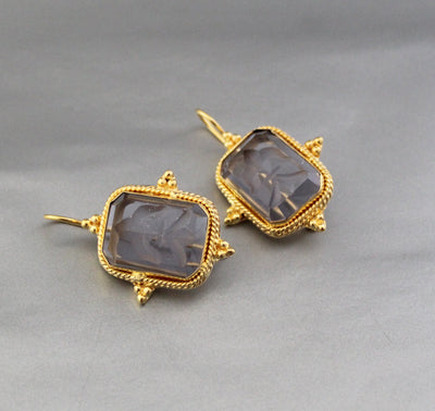 Blue Glass Intaglio Earrings, Victorian Bridal Gold, photo 4