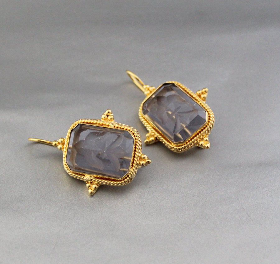Blue Glass Intaglio Earrings, Victorian Bridal Gold, photo 4