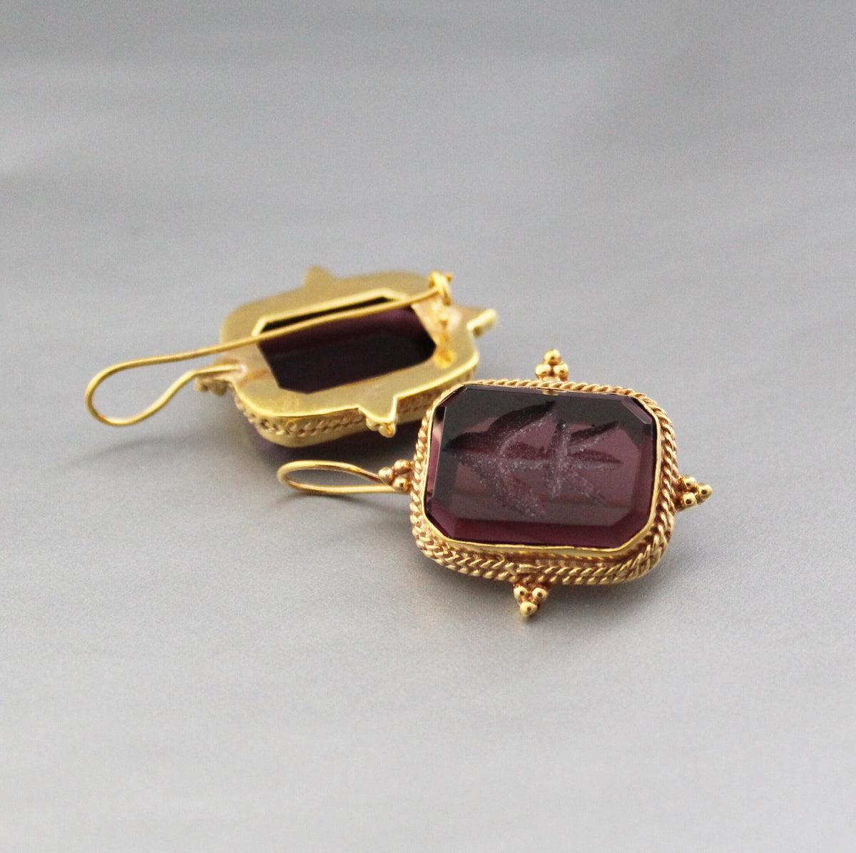 Purple Intaglio Glass Earrings, Ancient Roman Style, Gold Vermeil, photo 8