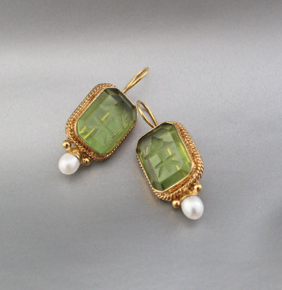 Green Glass Intaglio Earrings, Bridal Pearl Accent, Brass, photo 9