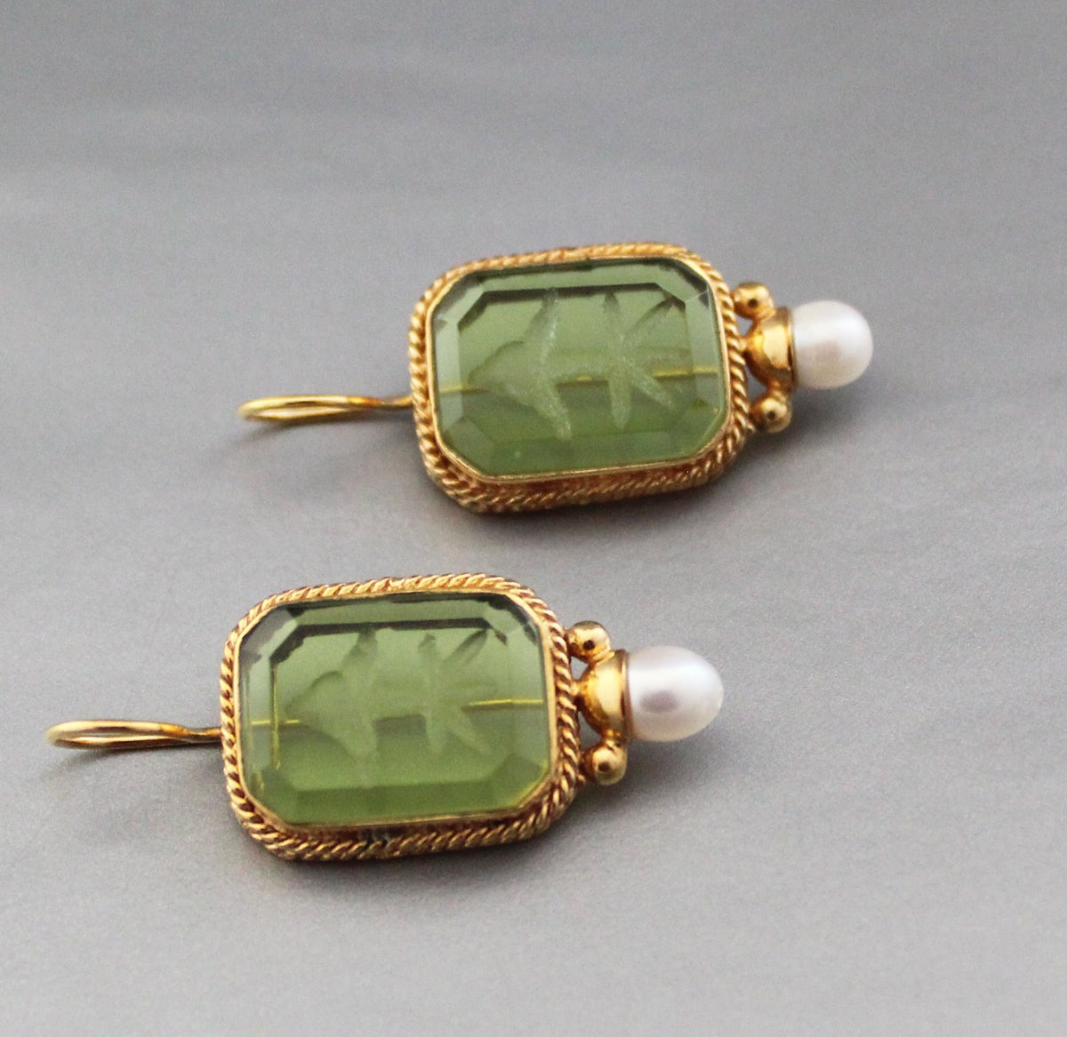 Green Glass Intaglio Earrings, Bridal Pearl Accent, Brass, photo 7