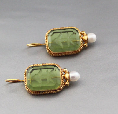 Green Glass Intaglio Earrings, Bridal Pearl Accent, Brass, photo 7