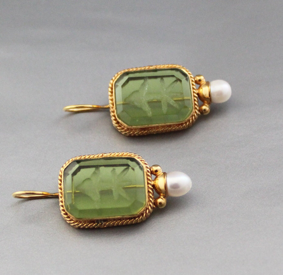Green Glass Intaglio Earrings, Bridal Pearl Accent, Brass, photo 7