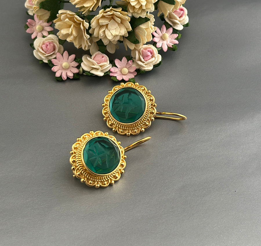Green Glass Intaglio Earrings, Vintage Victorian Style, photo 4
