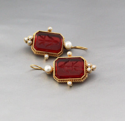 Red Glass Intaglio Earrings, Victorian Style, 18K Gold, photo 2