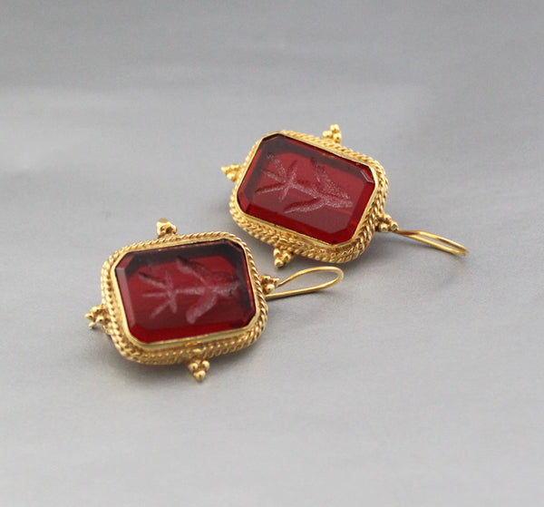 Red Glass Intaglio Earrings, Ancient Greek Style, Victorian Gold