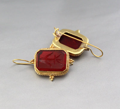 Red Glass Intaglio Earrings, Ancient Greek Style, Victorian Gold, photo 2