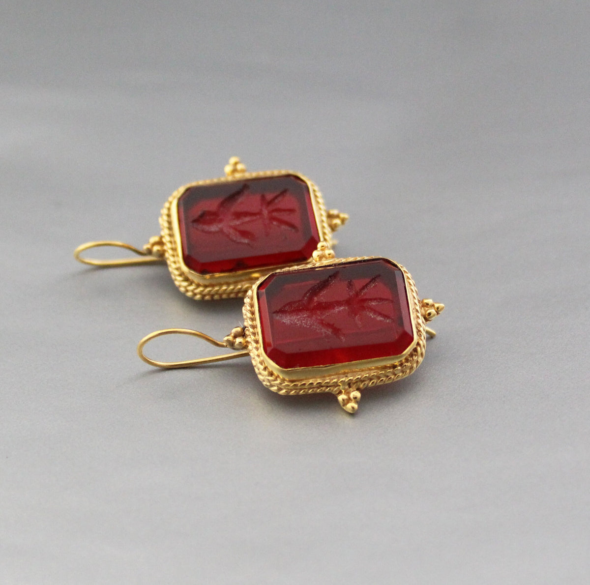 Red Glass Intaglio Earrings, Ancient Greek Style, Victorian Gold, photo 5