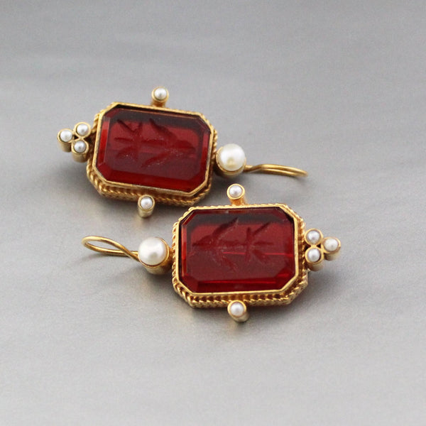 Red Glass Intaglio Earrings, Vintage Art Deco Style, Brass