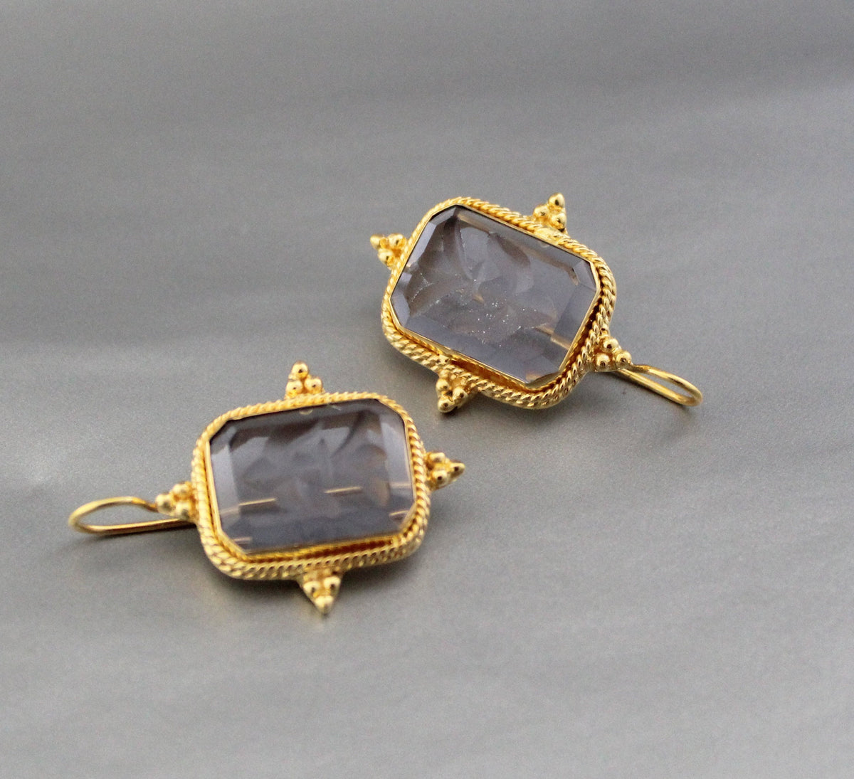 Blue Glass Intaglio Earrings, Victorian Bridal Gold, photo 6