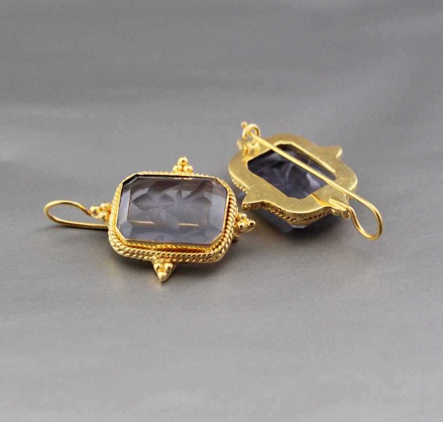 Blue Glass Intaglio Earrings, Victorian Bridal Gold, photo 2