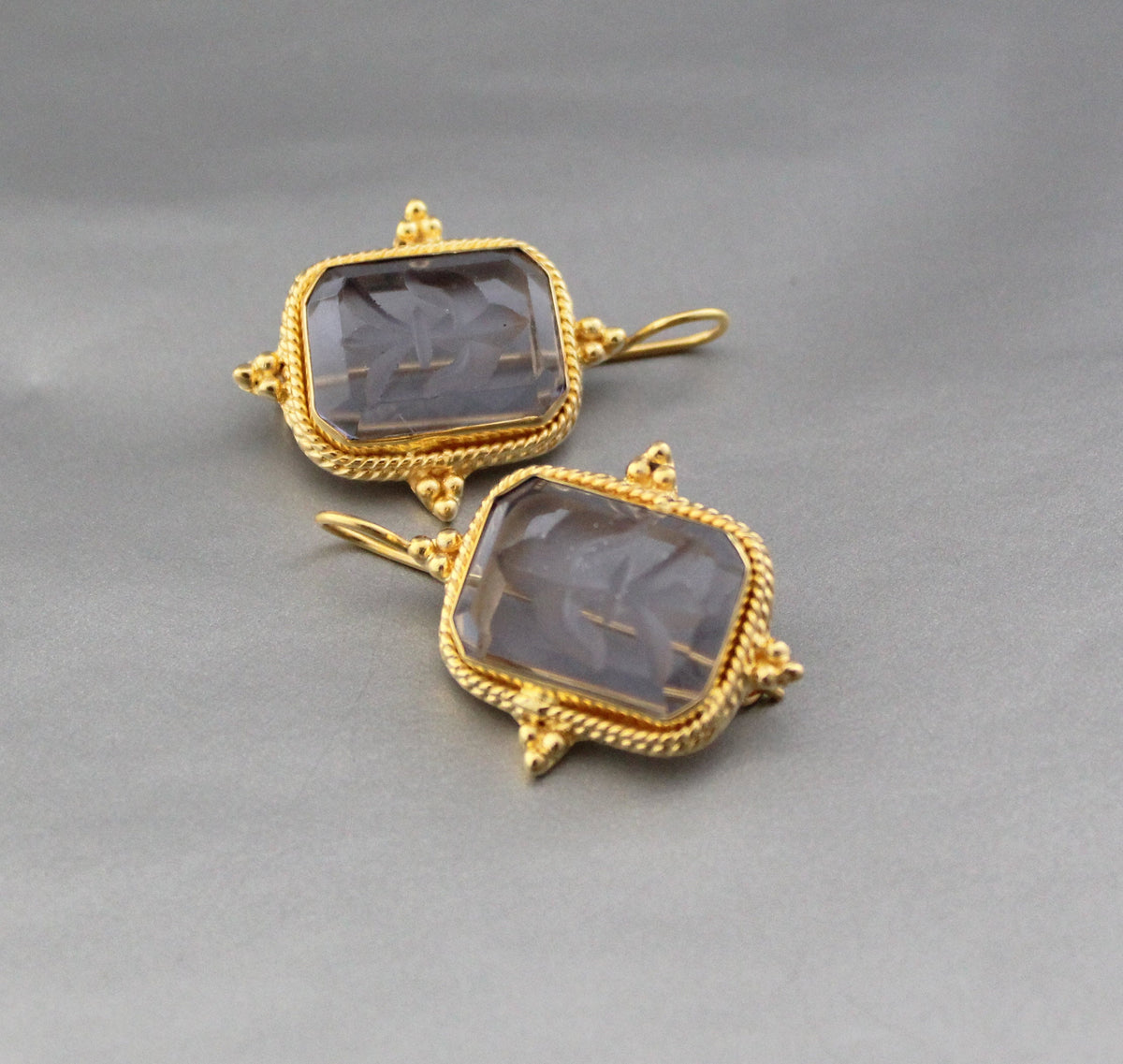 Blue Glass Intaglio Earrings, Victorian Bridal Gold, photo 7