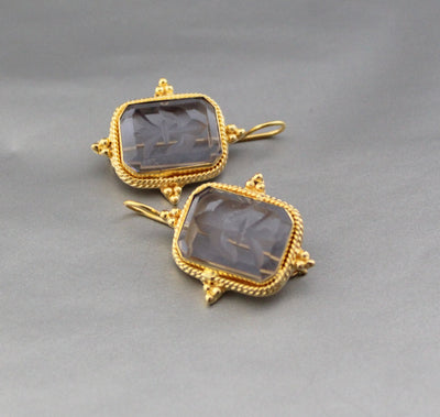 Blue Glass Intaglio Earrings, Victorian Bridal Gold, photo 7