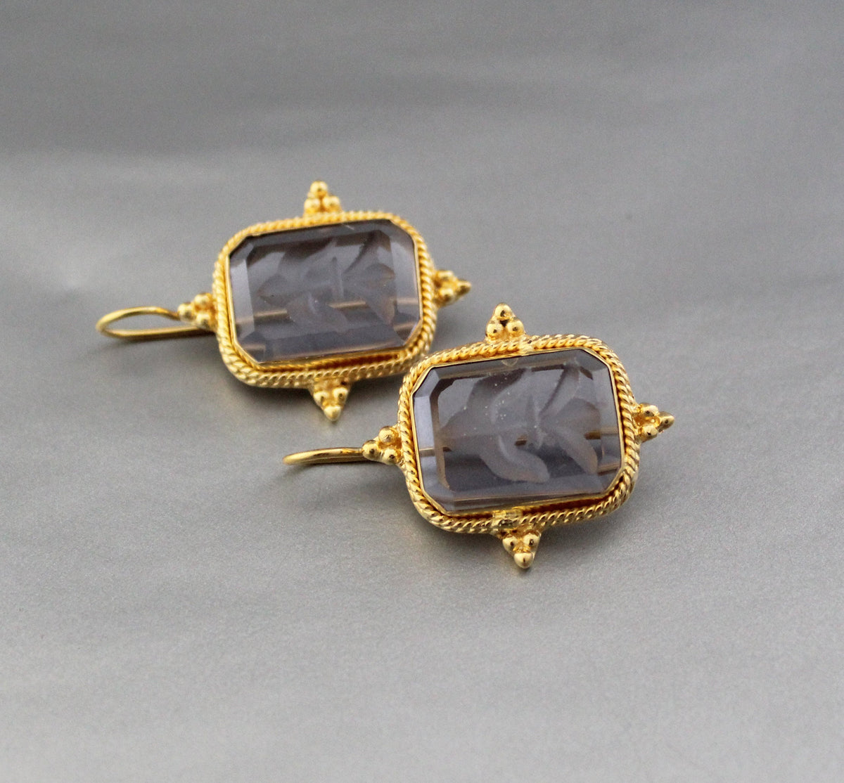 Blue Glass Intaglio Earrings, Victorian Bridal Gold, photo 5